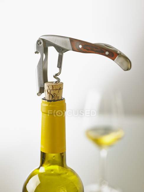 Closeup view of a bottle of white wine with a sommelier knife in a cork — Stock Photo