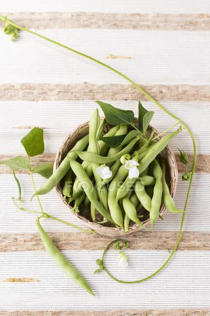 Grüne Bohnen und Blumen in kleinem Korb — Stockfoto