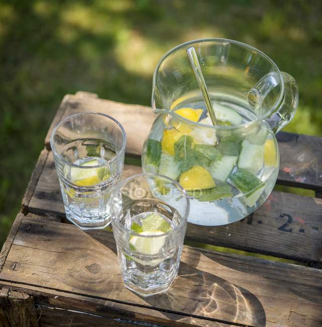 Agua de limón con pepino y menta en una caja de madera en el jardín - foto de stock