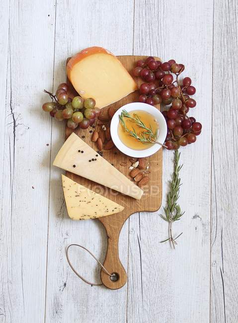 Cheeseboard with grapes and rosemary — Stock Photo