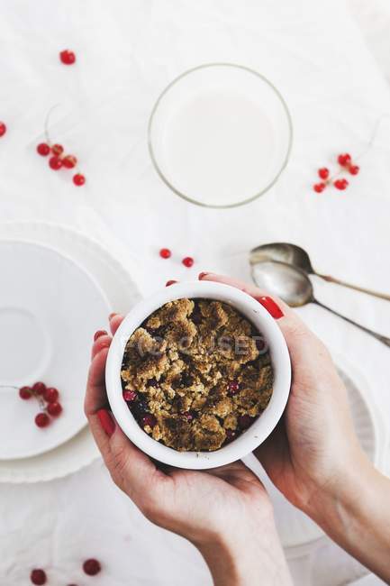 Vollkornbrösel mit roten Johannisbeeren — Stockfoto