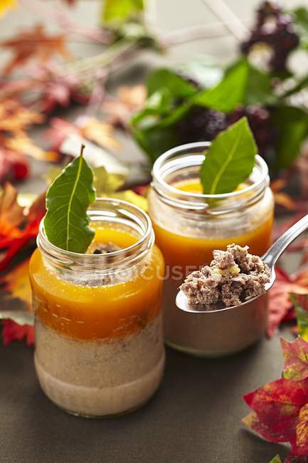 Closeup view of homemade pheasant pate with leaves in jars and on spoon — Stock Photo