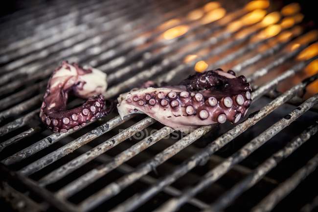Vue rapprochée des tentacules de pieuvre sur une grille de barbecue — Photo de stock