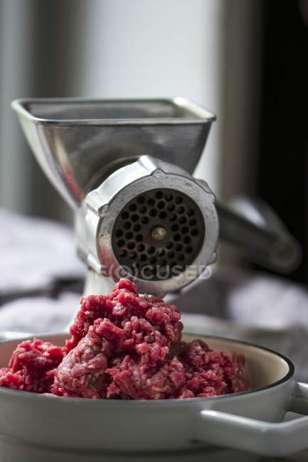 Minced meat and mincing machine — Stock Photo