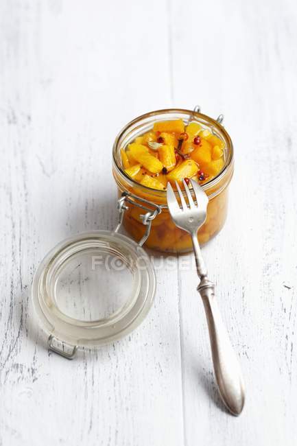 Pickled pumpkin in jar — Stock Photo