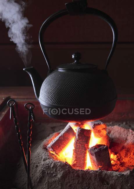 Вид крупним планом на паровий чайник над затопленим вогнищем — стокове фото