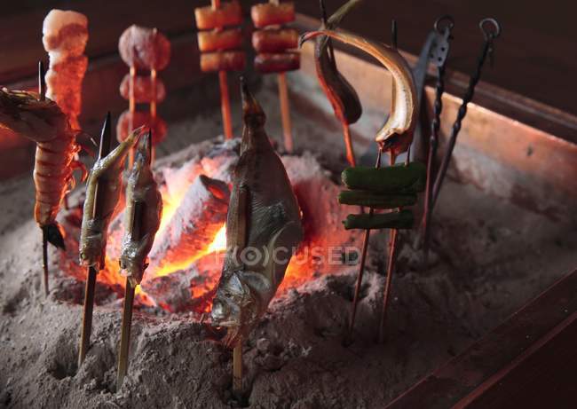 Крупним планом вид Robatayaki барбекю на грилі в запалі вогнища — стокове фото