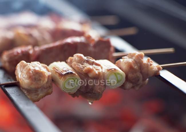 Куриные кебабы на барбекю на размытом фоне — стоковое фото