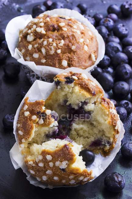 Muffin in cofanetti di muffin con mirtilli freschi — Foto stock
