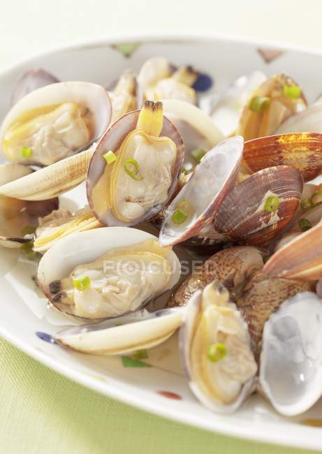 Closeup view of steamed clams with chives in bowl — Stock Photo