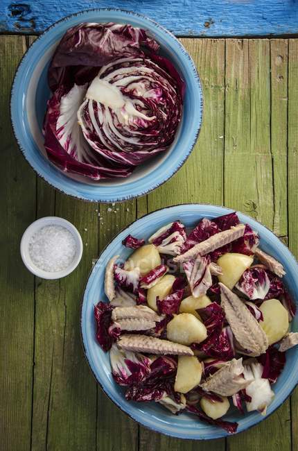 Radicchio and potato salads with mackerel — Stock Photo