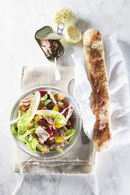 Garden salad with tuna fish and bread — Stock Photo