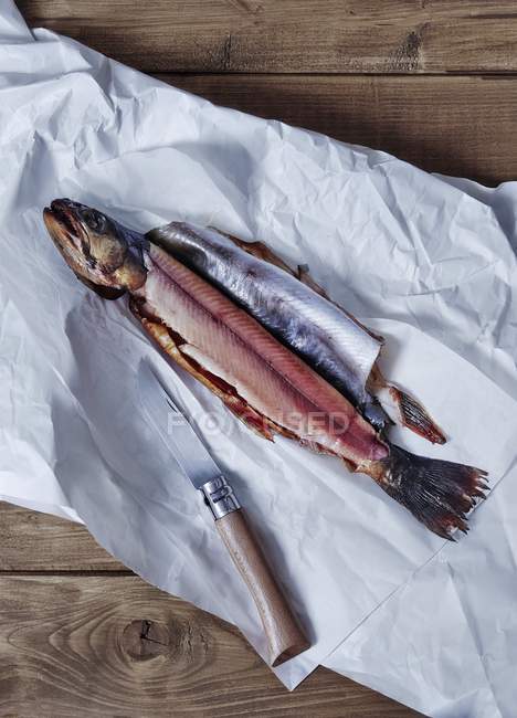 Peixe fumado em papel branco — Fotografia de Stock