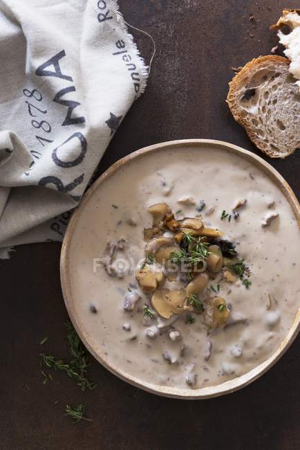Грибной суп со свежим тимьяном — стоковое фото