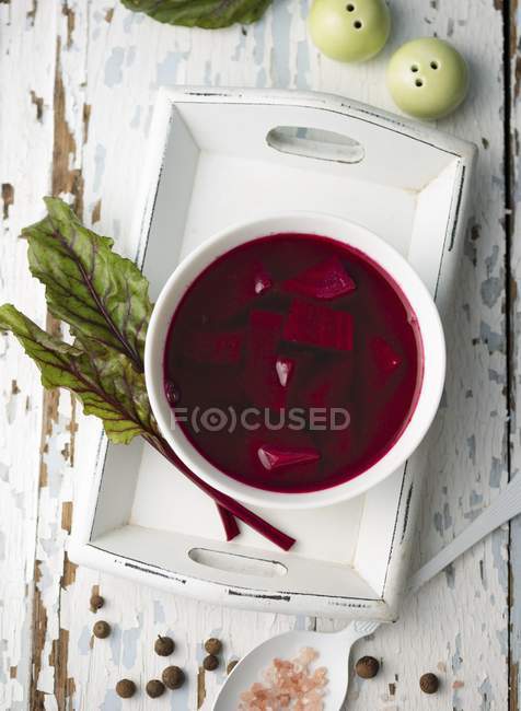 Borscht in una zuppiera su un vassoio su una superficie di legno — Foto stock