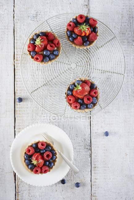 Berry tartlets on cooling rack — Stock Photo