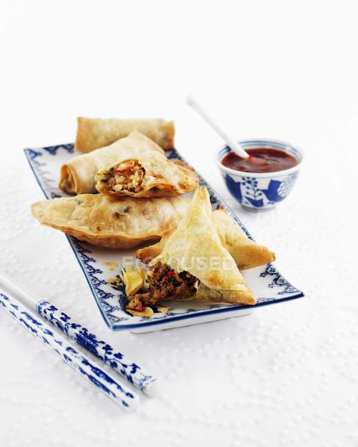 Closeup view of various spring rolls and samosas with a dip — Stock Photo