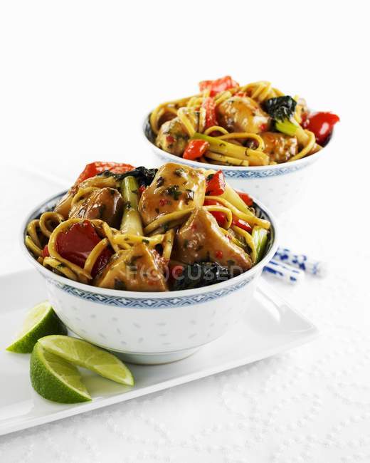 Closeup view of chicken with soy sauce, ginger and noodles — Stock Photo