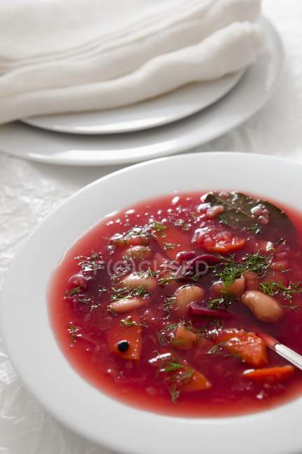 Польский свекольный суп на белой тарелке — стоковое фото