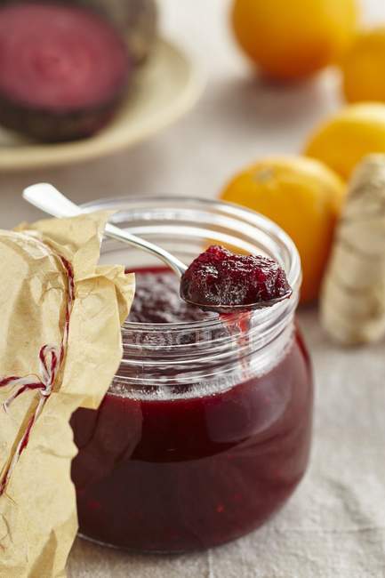 Beetroot jam with orange and ginger — Stock Photo
