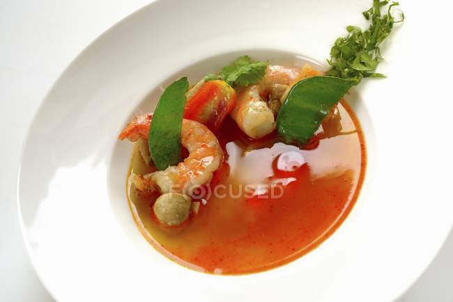 Том Ям пряный кислый суп с королевскими креветками на белой тарелке — стоковое фото