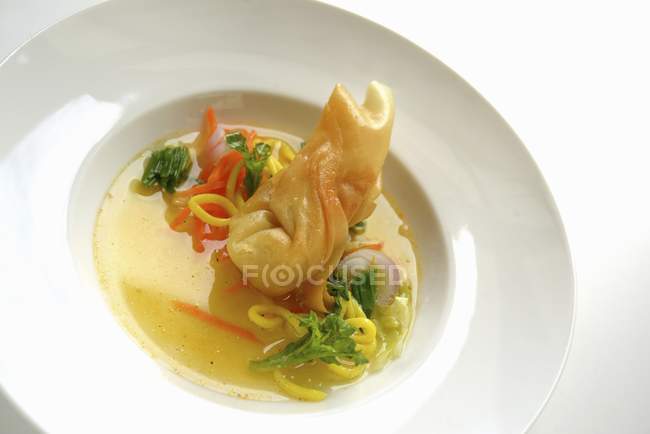 Closeup view of Chinese soup with chicken dumplings — Stock Photo