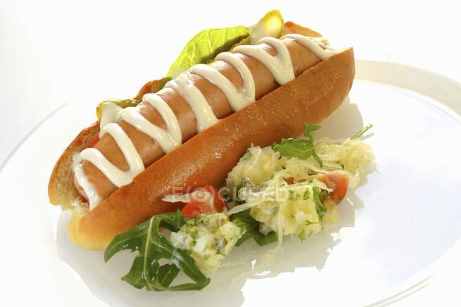 Perro caliente con mayonesa y ensalada - foto de stock