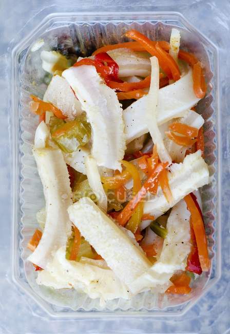 Florentine tripe salad in plastic container — Stock Photo