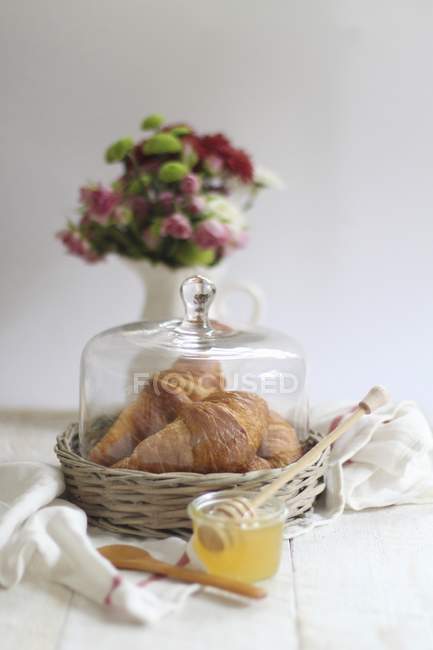 Frische Croissants und Honig — Stockfoto