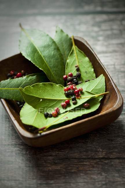 Fresh bay leaves and peppercorns — Stock Photo