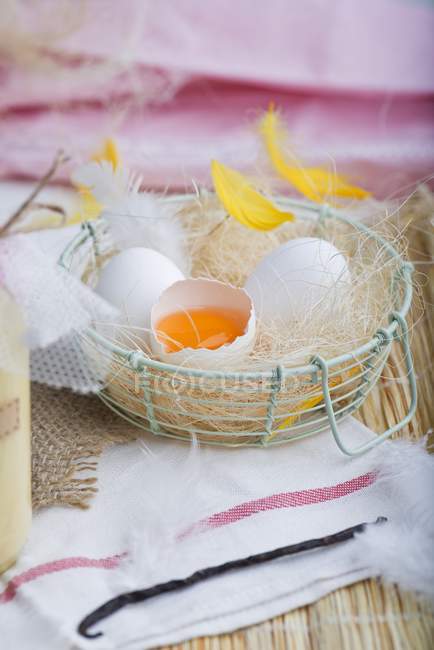 Uova fresche con piume — Foto stock
