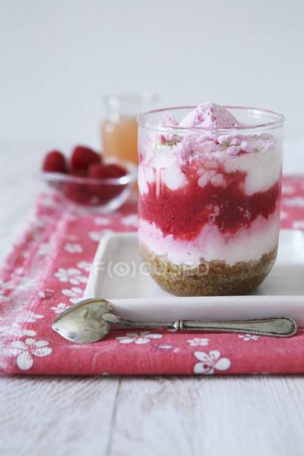 Vue rapprochée de framboise crème trifle en verre sur plaque — Photo de stock