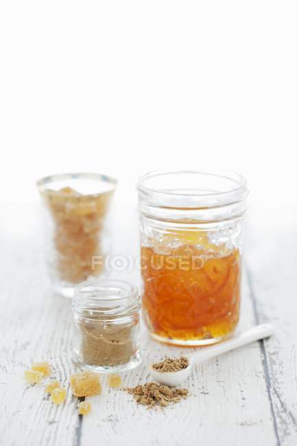 Closeup view of marmalade and candied ginger — Stock Photo