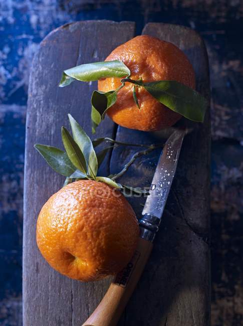 Clementinen mit Blättern auf hölzernem Schneidebrett — Stockfoto