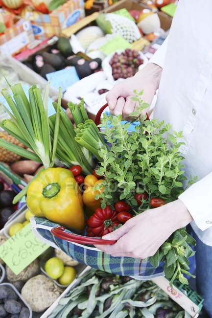 Verdure fresche di mercato in una borsa della spesa a quadretti nelle mani della donna — Foto stock