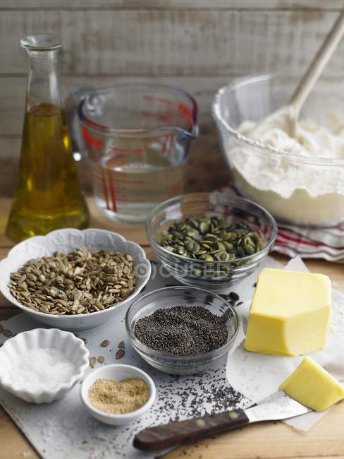 Ingredients for seeded bread — Stock Photo