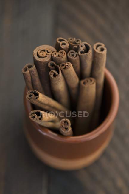 Bastoncini di cannella in una pentola di terracotta — Foto stock