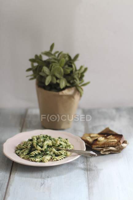 Pâtes Fusili aux épinards et ail — Photo de stock