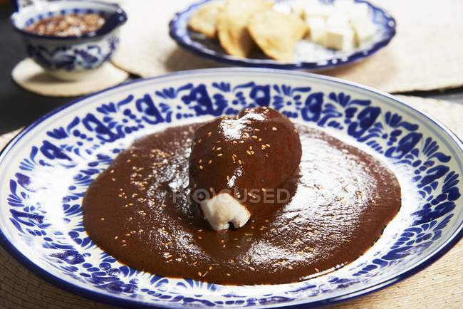 Вид крупным планом на кусок курицы в шоколадном соусе с кунжутом — стоковое фото