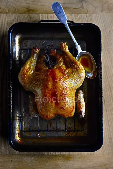 Pollo intero con con succhi — Foto stock