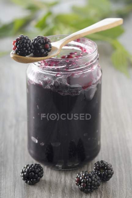 Jar of blackberry jam — Stock Photo