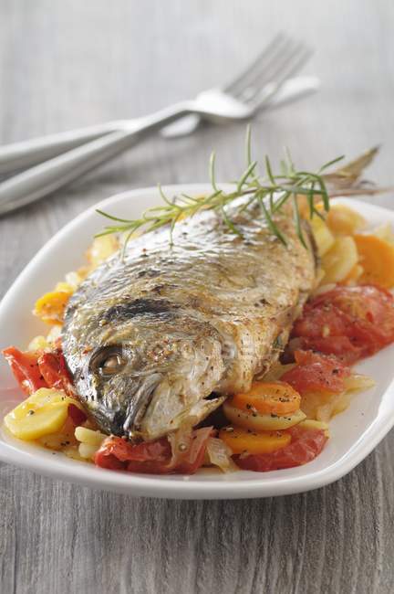 Closeup view of fried sea bream on vegetables — Stock Photo