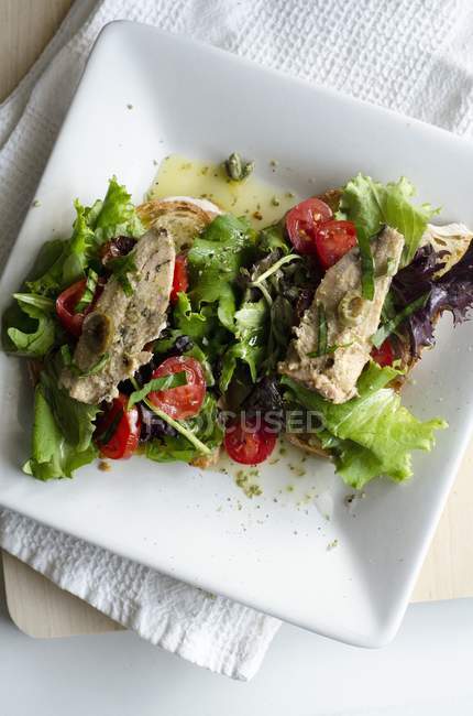 Closeup view of Bruschetta topped with sardines and lettuce — Stock Photo
