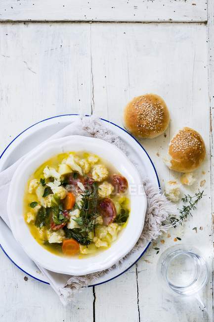 Cauliflower soup with chorizo — Stock Photo