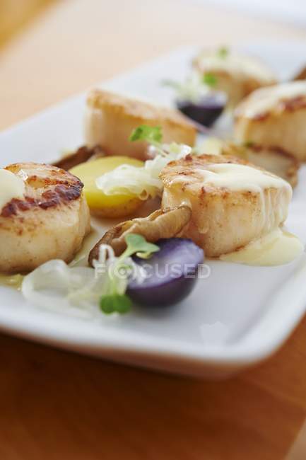 Gebratene Jakobsmuscheln mit lila Kartoffeln — Stockfoto