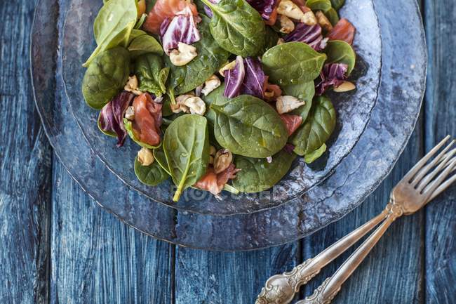Spinach salad with salmon — Stock Photo