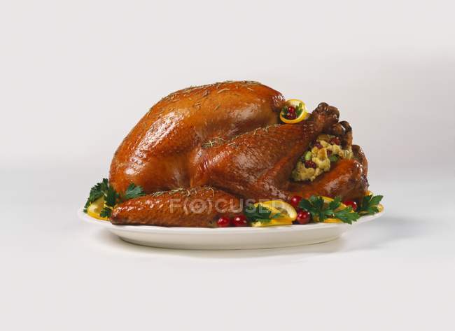 Closeup view of stuffed roasted turkey on a platter with berries, fruit and herbs — Stock Photo