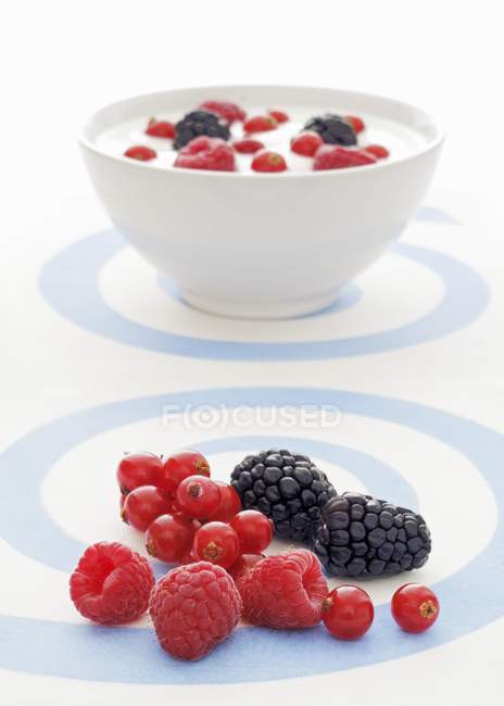 Frische Beeren mit Schüssel Joghurt — Stockfoto