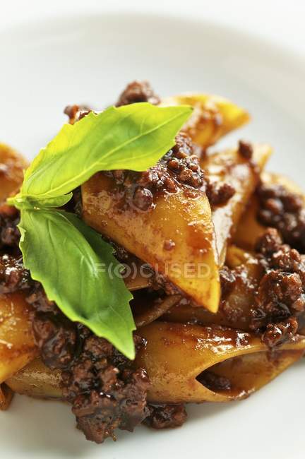 Penne pasta with salsiccia sausage — Stock Photo