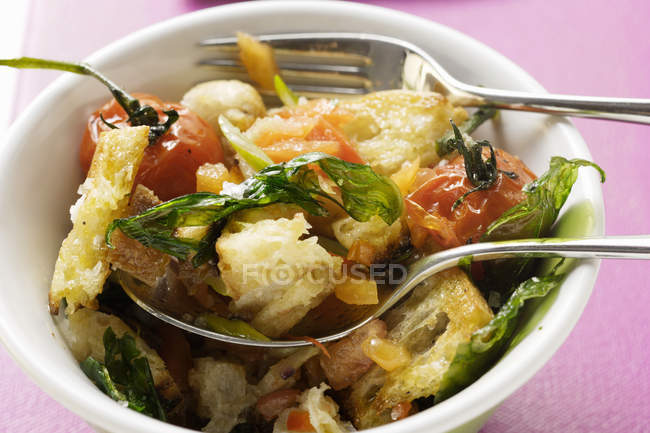 Хлебный салат с помидорами и базиликом — стоковое фото